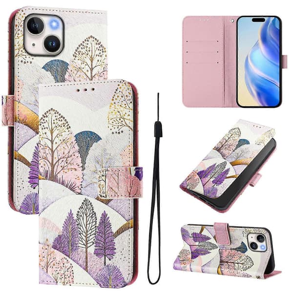 För iPhone 15 Fodral Mönstertryck Plånboksfodral med Rem - Multicolor Tree