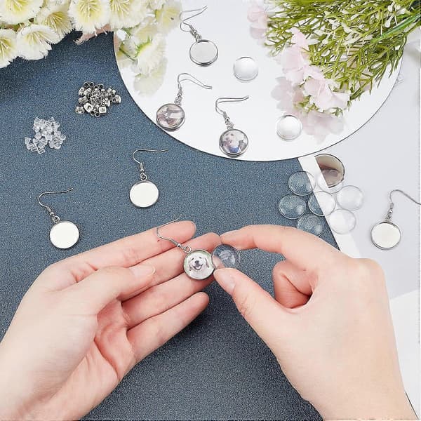 30 stk. øreringe i rustfrit stål, blanke fatninger, 16 mm flade runde dingle-øreringe, små øreringe, trådkroge, cabochon-øreringe i rustfrit stål til øreringe