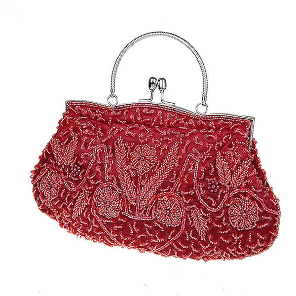Antik blomsterfrøperle paillet blød clutch aftenhåndtaske Wine Red