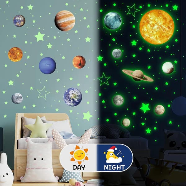 Solsystemet självlysande väggdekaler, 780 st självhäftande planeter & stjärnor för tak och sovrum, barnrumsdekoration, blå. Solar System-Green