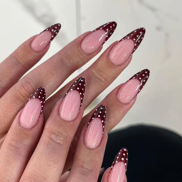 24-pack Oval French Manicure False Nails Burgundy White Polka Dot Design