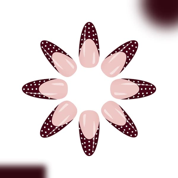 24-pack Oval French Manicure False Nails Burgundy White Polka Dot Design