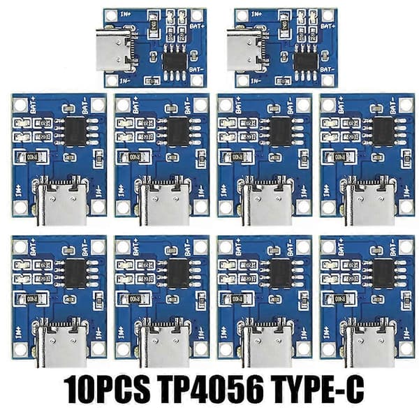 TP4056 5V 1A 18650 Litiumbatteriladermodul, Type-C ladebrett med beskyttelse, Dual Function Power PCB 10 STK