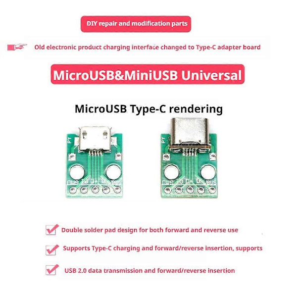MC007 Typ C Honkontakt - Micro USB till Typ C DIY Adapterkort