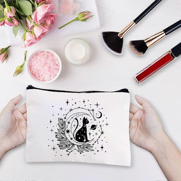 Polycotton Måntryckta Canvas Förvaringsväskor Rektangulära Metall Dragkedjepåsar Kattform 18x25cm