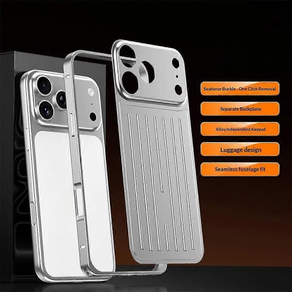 Kompatibelt etui til iPhone 17 Pro Max med søhestespænde, bagagedesign, telefonetui i aluminiumslegering Silver