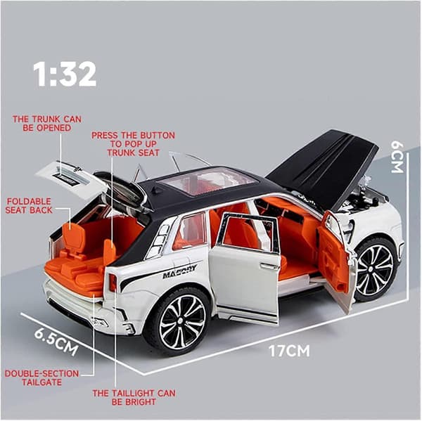 Praktisk og smuk zinklegering træk-tilbage legetøjsbil med lyd og lys 1:32 legeringsmodelbil til Rolls Royce Cullinan