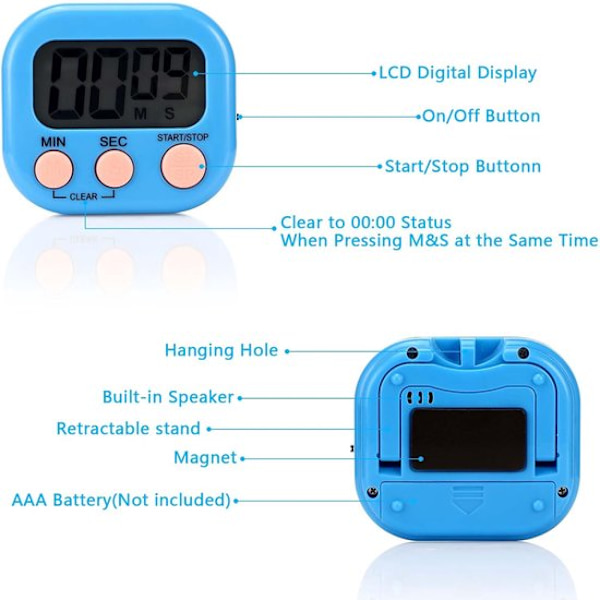 4-pak digital magnetisk timer - køkkentimer - Timer - digital køkkentimer - Bage- og træningstimer - Grøn/Blå/Hvid/Sort