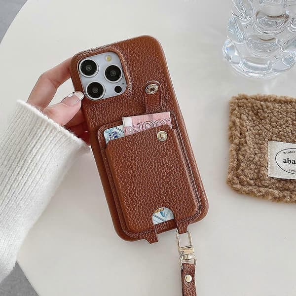 Til iPhone 14 Pro etui Multifunktionelle kortpladser Læderbagcover med håndledsrem - Multicolor Dark Brown