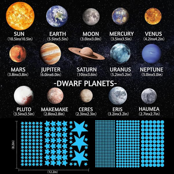 Solsystemet självlysande väggdekaler, 780 st självhäftande planeter & stjärnor för tak och sovrum, barnrumsdekoration, blå. Solar System-blue
