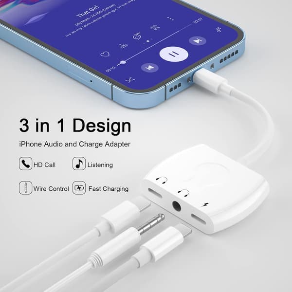 iPhone hovedtelefonadapter, 4-i-1 hovedtelefonadapter til iPhone Dual Plug Lighting til 3,5 mm hovedtelefoner, kompatibel med iPhone 14/13/12/11/X/8/7, Lighti