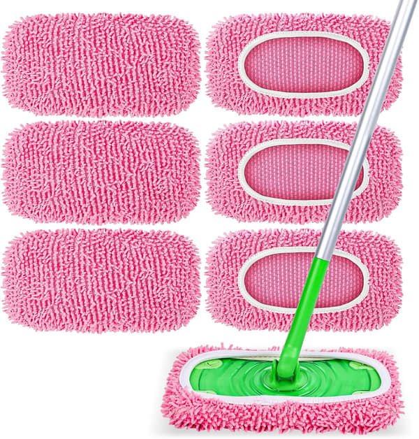 6-pakning gjenbrukbare moppputer kompatible med Swiffer Sweeper, chenillemopprefiller, tørre og våte moppkluter for gulvrengjøring - Rosa