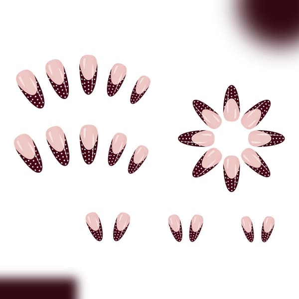 24-pack Oval French Manicure False Nails Burgundy White Polka Dot Design