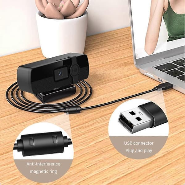 4K Webcam Fuld HD Webkamera med Mikrofon USB-stik Auto Autofokus Webkamera til PC Bærbar Computer Desktop Kamera, A Black
