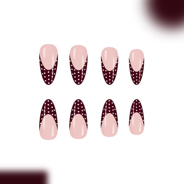 24-pack Oval French Manicure False Nails Burgundy White Polka Dot Design