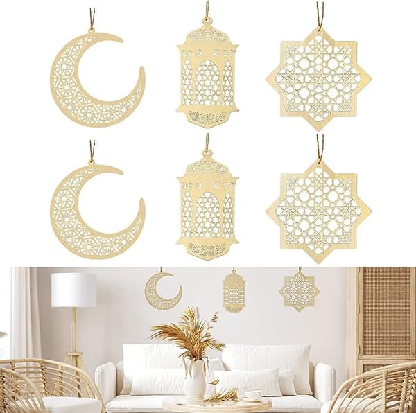 6 stykker træ hult vedhæng ornament Eid Ramadan