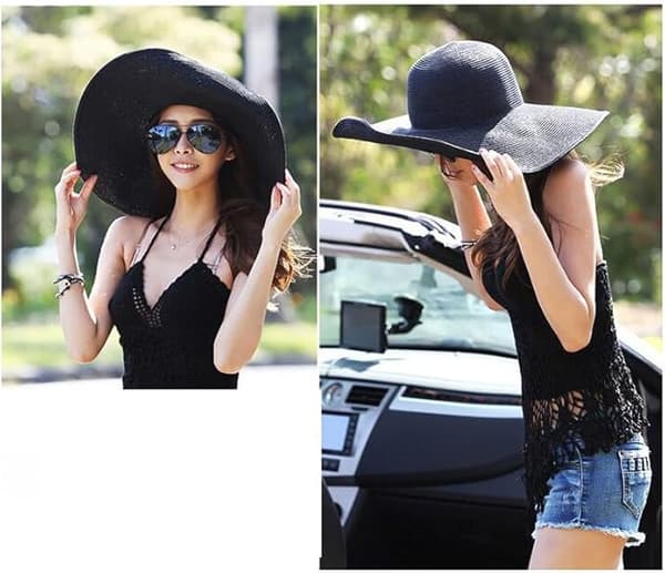 Dame Floppy Bredskygget Solhat UPF 50 Sommerhat Sammenfoldelig Rulbar Floppy Strandhat Solhat Stråhat Sort