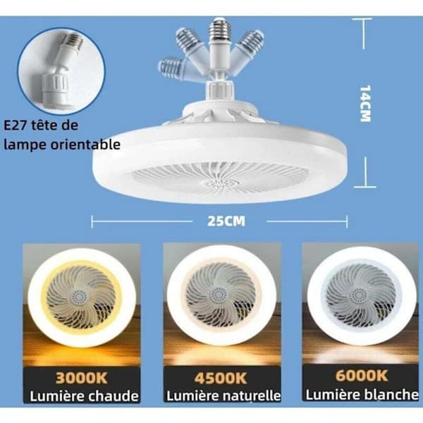Stille loftventilator med LED-lampe E27 – Dæmpbar 10-100% – 3 hastigheder – 1/2/4t timer – Til rum op til 10m² – 3 hastigheder