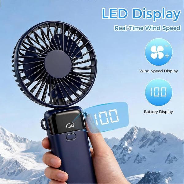 Håndholdt ventilator Genopladelig bærbar ventilator med LED-display 5 hastigheder Miniventilator 90-graders foldbar håndventilator USB-bordventilator til