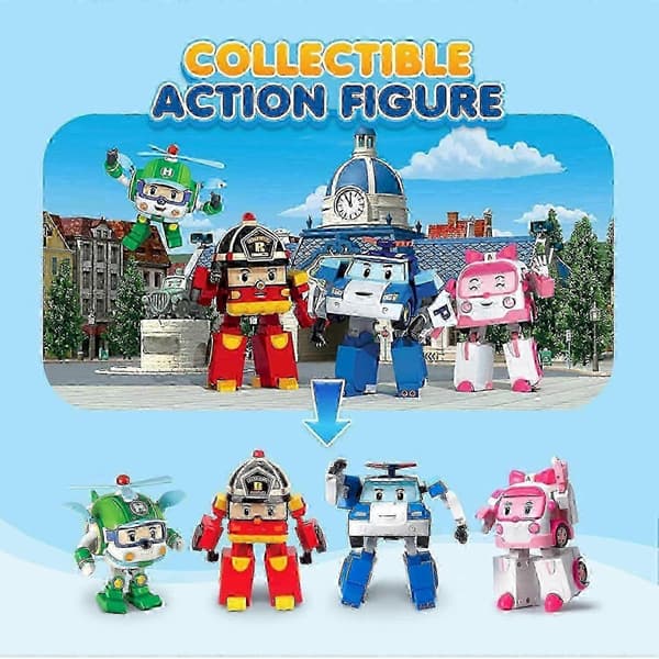 SBSG Robocar Poli 4-pakning Poli + Amber + Roy + Helly Transformerende Robotleker, 10 cm Transformerbar Handling