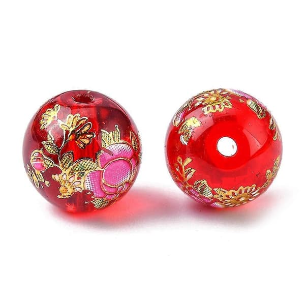 Blombild Tryckta Glasrunda Pärlor Röda 10mm Hål: 1mm
