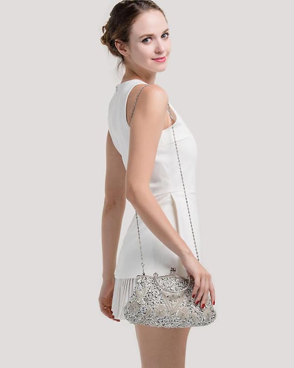Antik blomsterfrøperle paillet blød clutch aftenhåndtaske Silver