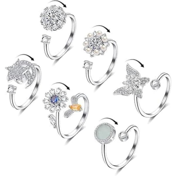 Stressring 6-pak – Justerbar Angstring & Fidget Ring til Kvinder Sølv 6 stk.
