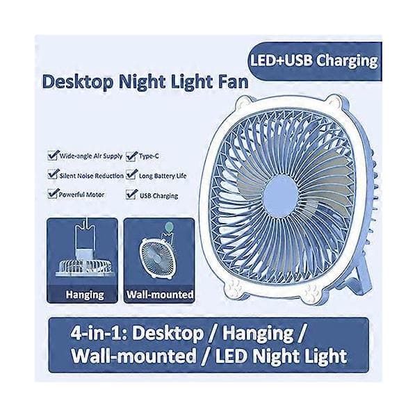 Bærbar LED-bordventilator, sød skrivebordsnatlampeventilator, vægmonteret USB lydløs køleventilator Blue