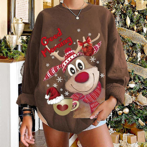 Dame Juleelg Strikket Sweater - Festlig Vinter Pullover Coffee M