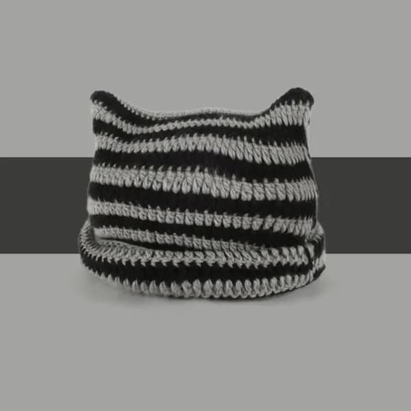 Stickad Kattmössa med Öron, Randig Vintervarm Elastisk Mössa, Svart och Grå