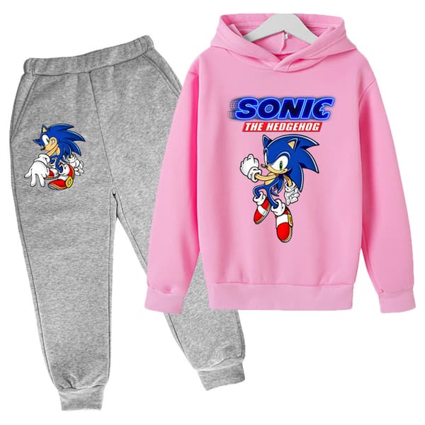 2-delad barnkläder Sonic tecknad tryck plus sammetströja pojkar och flickor Harajuku stil lös tröja K