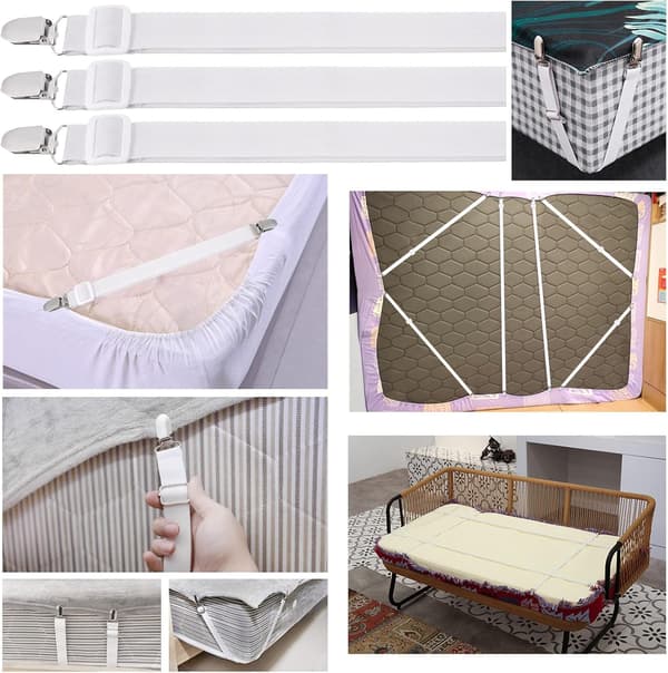 8 Pieces Sheet Clips, Adjustable Sheet Holders, High Elastic Fitted Sheet Straps with Clips, Sheet Fasteners Max Stretch 120cm, Sheet Holders White