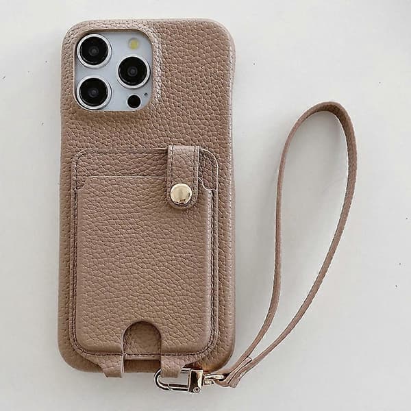 Til iPhone 14 Pro etui Multifunktionelle kortpladser Læderbagcover med håndledsrem - Multicolor Light Brown