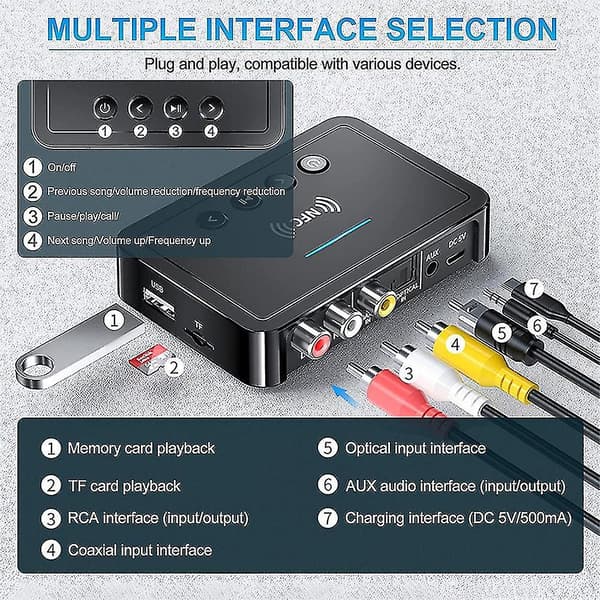 Bluetooth 5.0-mottaker Sender Fm Stereo Aux 3,5 mm Jack Rca Trådløs Nfc Bluetooth-lydadapter For Tv Pc Hodetelefon