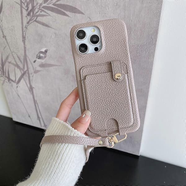 Til iPhone 14 Pro etui Multifunktionelle kortpladser Læderbagcover med håndledsrem - Multicolor Grey