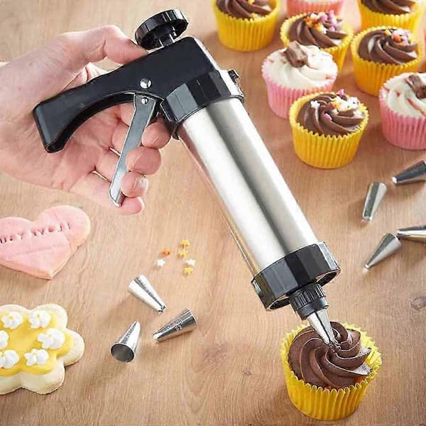 Spritz Cookie Press Kit, Kiksmaskine i rustfrit stål til kageglasurdekoration, har ergonomisk design og skridsikker base, perfekt til gør-det-selv 26s