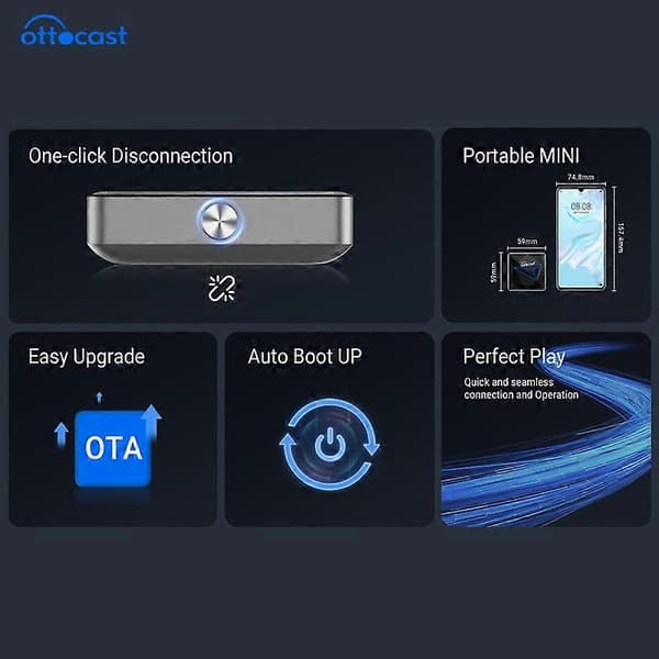 Ottocast A2Air Pro Trådløs Android Auto Adapter Dongle Spotify Waze Multimedia for fabrikkmontert A