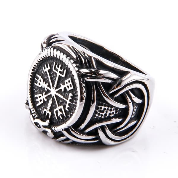 Vikingring i rustfritt stål med Vegvisir og keltisk knute