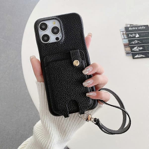 Til iPhone 14 Pro etui Multifunktionelle kortpladser Læderbagcover med håndledsrem - Multicolor Black