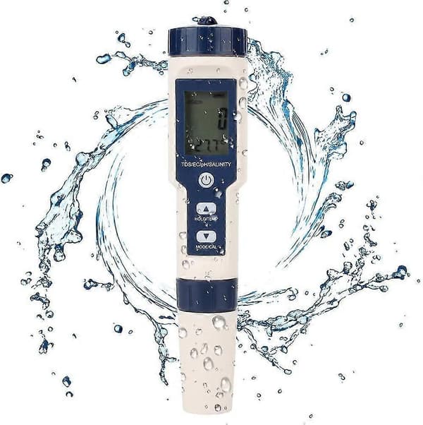 5-i-1 vanntester multifunksjonell vannkvalitetstester, digital TDS/EC/salinitet/pH/temperatur for drikkevann, basseng, akvarium, fisketank, hydrop