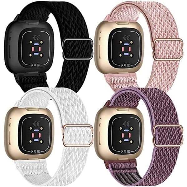 4-pakning elastisk nylonbånd kompatibelt med Fitbit Versa 3 / Fitbit Sense, justerbart elastisk stoff smartklokke sportsbånd, A