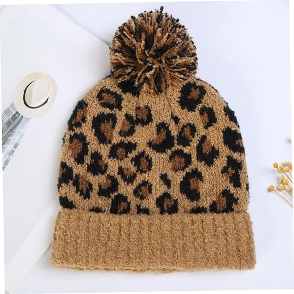 1 st Leopardmönstrad mössa för stickad mössa Pom-mössa Fuskpäls mössa Pom-mössa Chunky Leopardmössa Varm mössa
