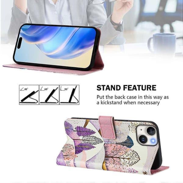 Til iPhone 15 etui med mønstertryk, pungtelefoncover med rem - Multicolor Tree