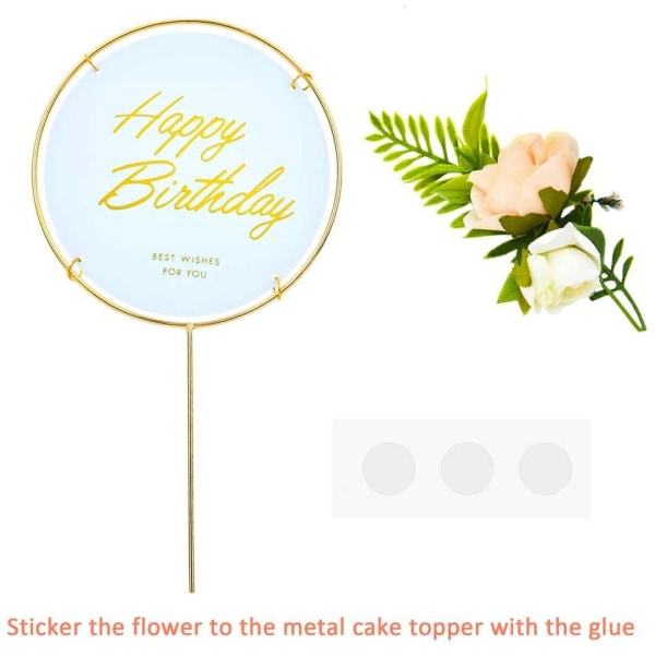 Happy Birthday- Cake Topper Guld/Vit med blommor Guld