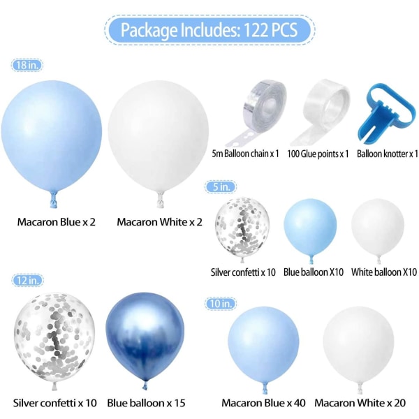 Ballongbåge - Blå/Vit/Silver 122st Blå