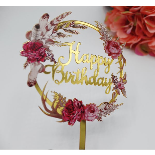 Happy Birthday - Cake Topper Guld med blommor Guld