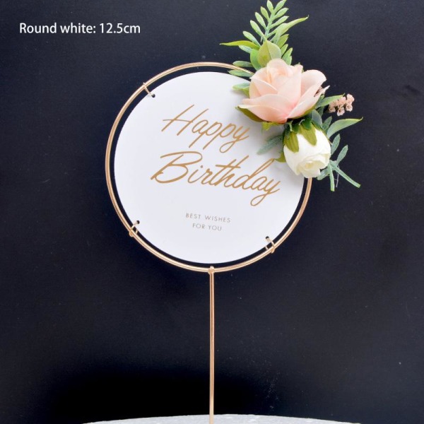 Happy Birthday- Cake Topper Guld/Vit med blommor Guld