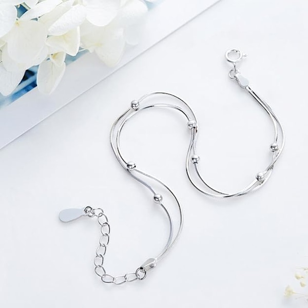 Armband för kvinnor, i 925 sterling silver, dubbelkedja med pärlor