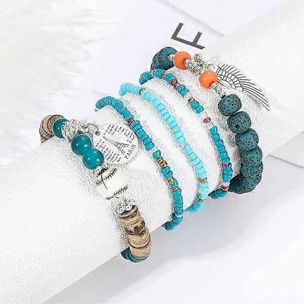 Bohemiska Elastiska Pärlarmband Multilayer Stapelbara Mynt Vingar Kärlek Hjärta Armband Set Smycken för Kvinnor och Flickor