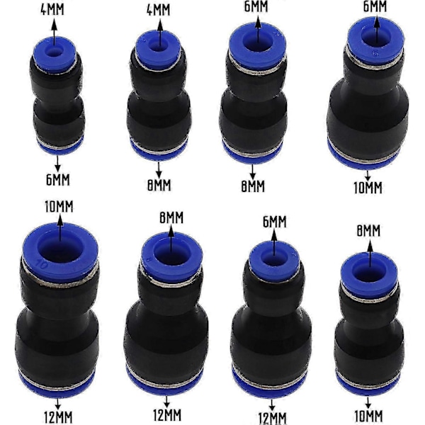 24x Pneumatiska Push-to-Connect-kopplingar i plast, rak rörkoppling, reduceringsadapter, snabbkoppling, passar luft- och vattenledningar